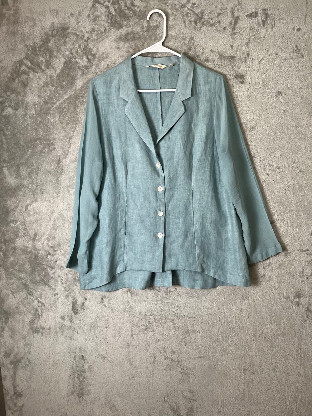 Soft Surroundings 100% Linen Button Front Blouse Jacket Seafoam Blue‎ Large